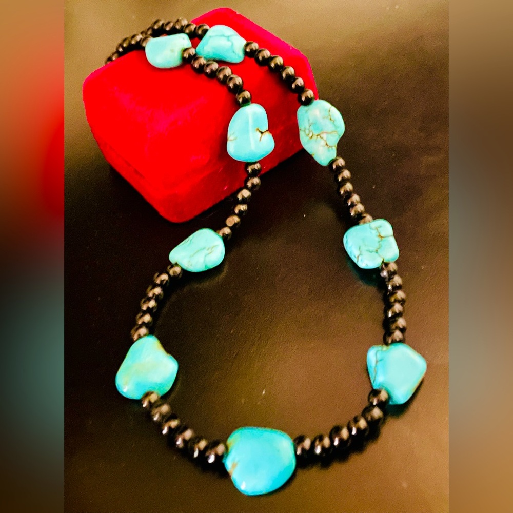 Artisan Turquoise Howlite and Black Bead Choker Style Necklace